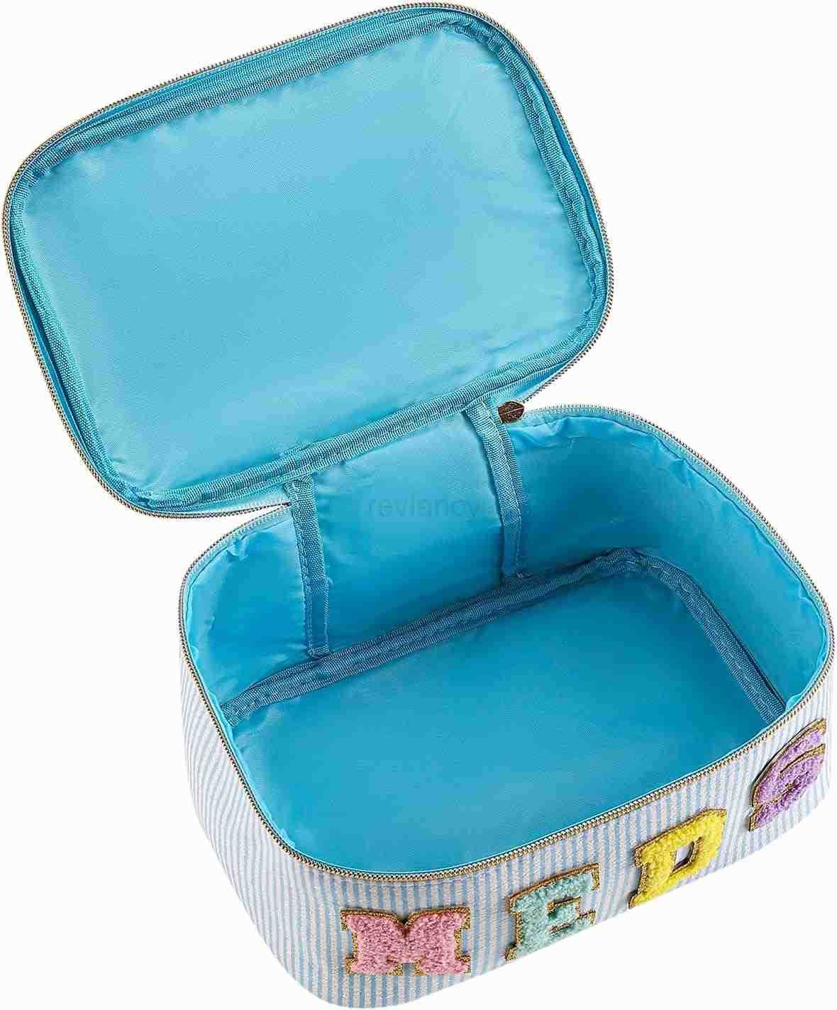 Personalized Chenille Letter Seersucker MEDS Makeup BagLarge Size Medicine RX Cosmetic Bag with Top Handle First Aid Travel Organizer Bag for Women Gi