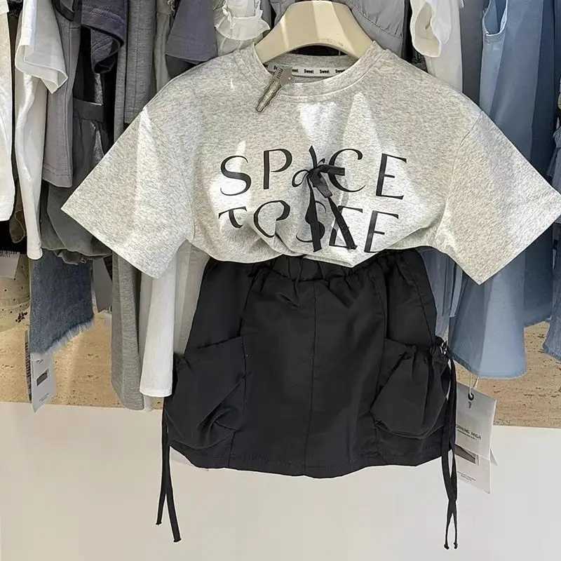 Girls Set 2025 Summer New Korean Baby Girl Bow Short Sleeve Sweet Cool Work Skirt Summer Two Piece Set C250913