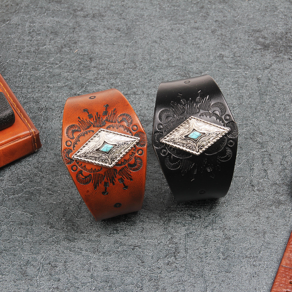 Cowhide Ethnic Style Emed Metal Triangle Blue Turquoise Leather Bracelet Trendy Men ddmymoon