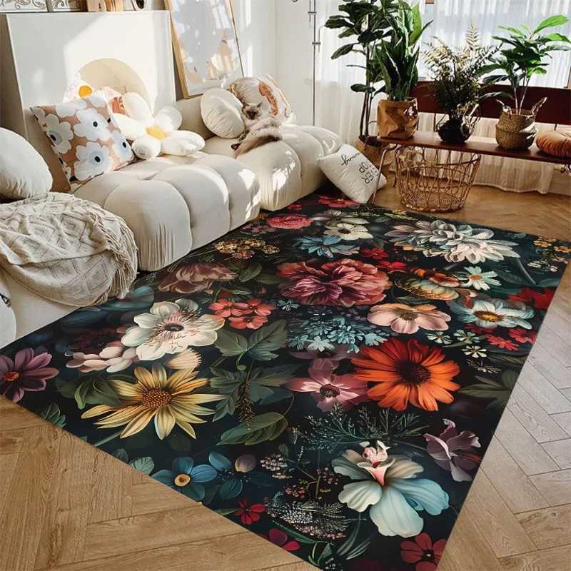 BOTANICA Balcony Cute Flowers Rug Waterproof Nonslip Floor Mat Living Room Carpet Black White Modern Art Style Home Decorative C250913
