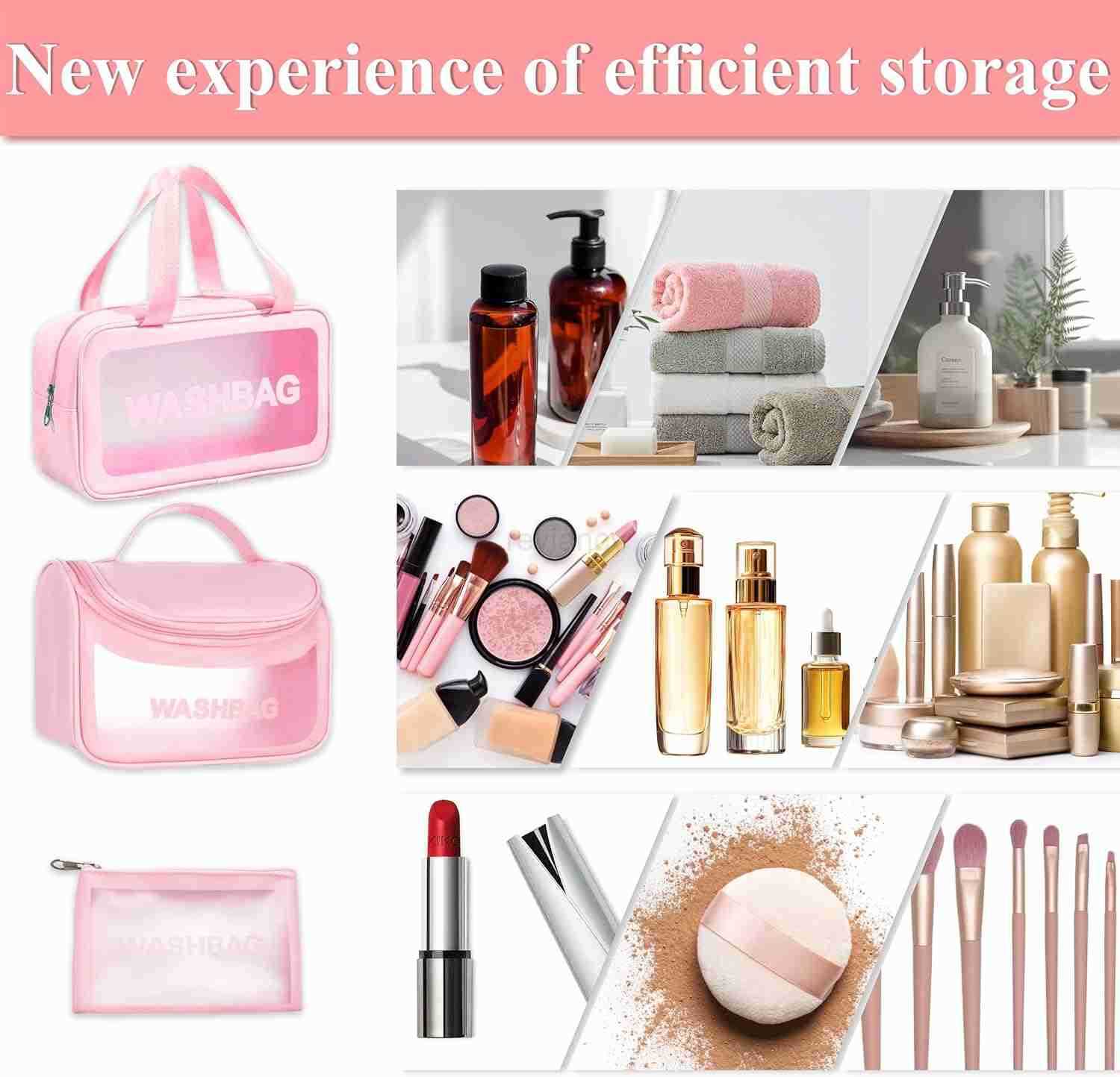 3Pack Travel Toiletry Bag Set Waterproof PVC Makeup Bag Translucent Hanging Toiletry Bag for Women Different Size Makeup Organizer with Handle Zipper 