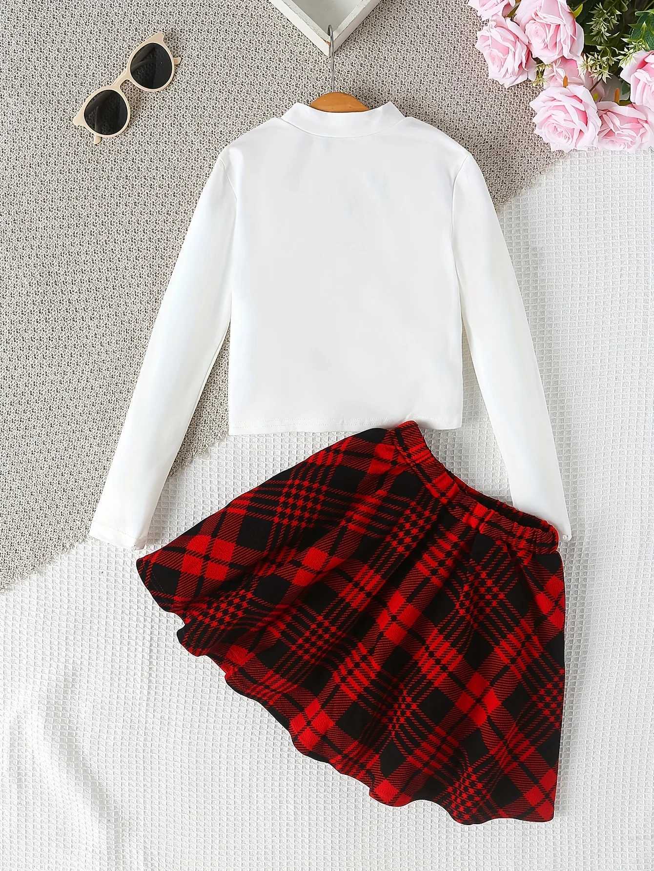 Girls Skirt Suit Spring Fall LongSleeved Bottoming Shirt Medium and Large Childrens Girls Top Plaid Skirt TwoPiece Set C250913