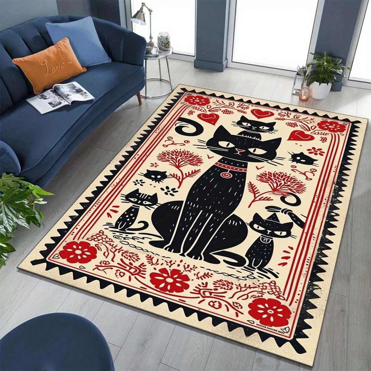 Large Black Cat Pattern Area Rug NonSlip Washable Polyester Carpet with Vibrant Red White Accents for Bedroom Study Dini C250913