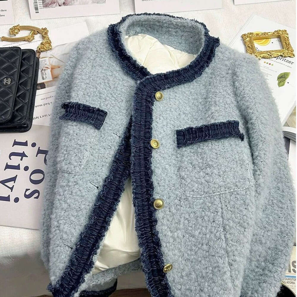 DHEssentials Lined with Fleece, Thickened, Patchwork Blue Style French Short Coat, New Autumn Winter Elegant High-end Top