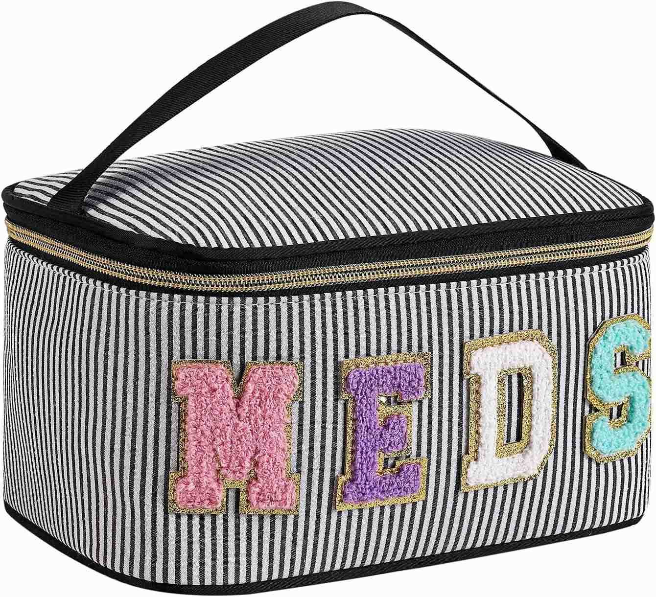 Personalized Chenille Letter Seersucker MEDS Makeup BagLarge Size Medicine RX Cosmetic Bag with Top Handle First Aid Travel Organizer Bag for Women Gi