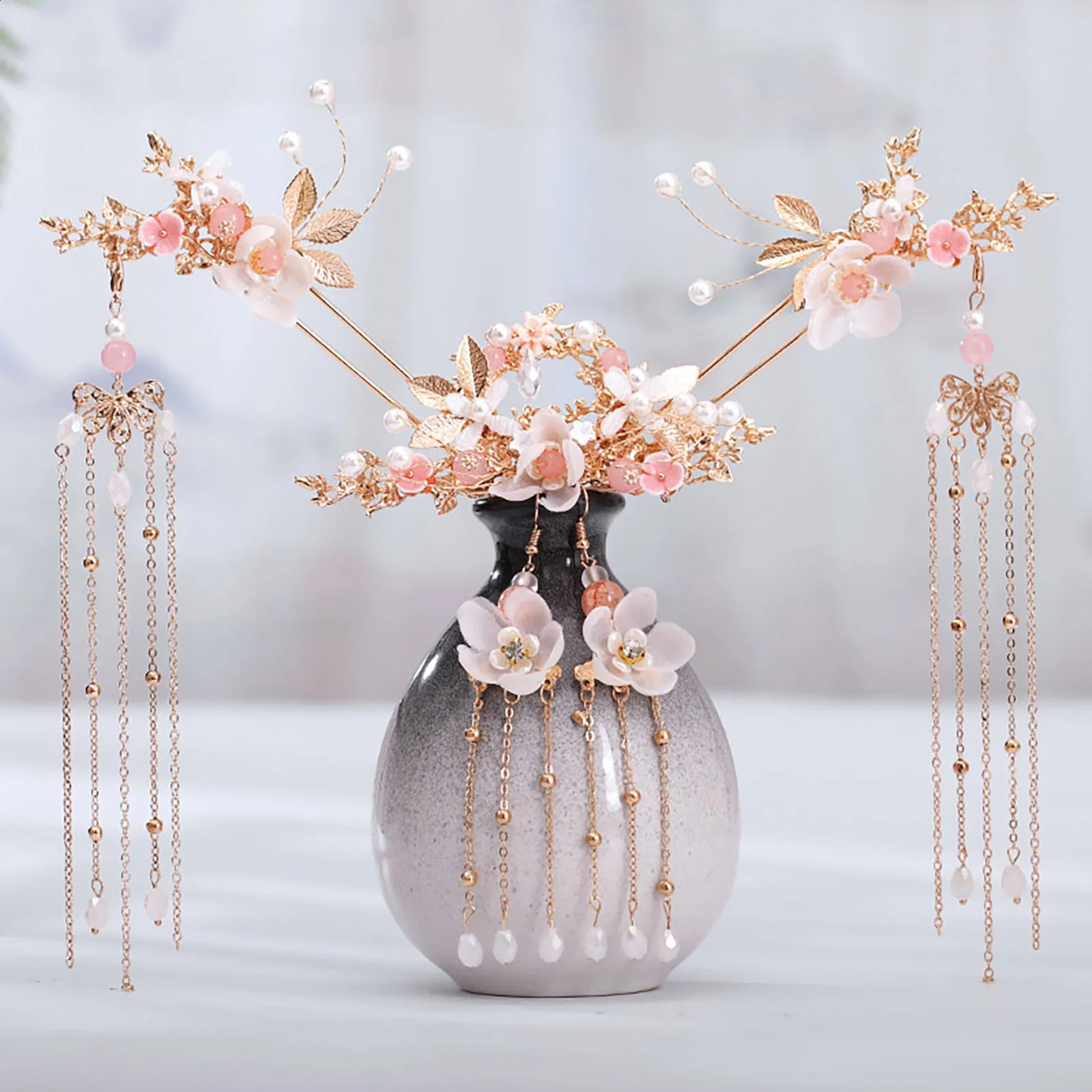 Chinese Hanfu Hair Stick Hairpin Earrings Accessories Set Long Fringed Vintage Flower Handmade Wedding Jewelry y250915