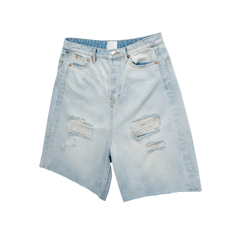 Vintage Summer Light blue Washed Hole Baggy Denim Shortsfor Men and Women Wide Leg Casual Jeans Oversized Ripped Overknee Pants