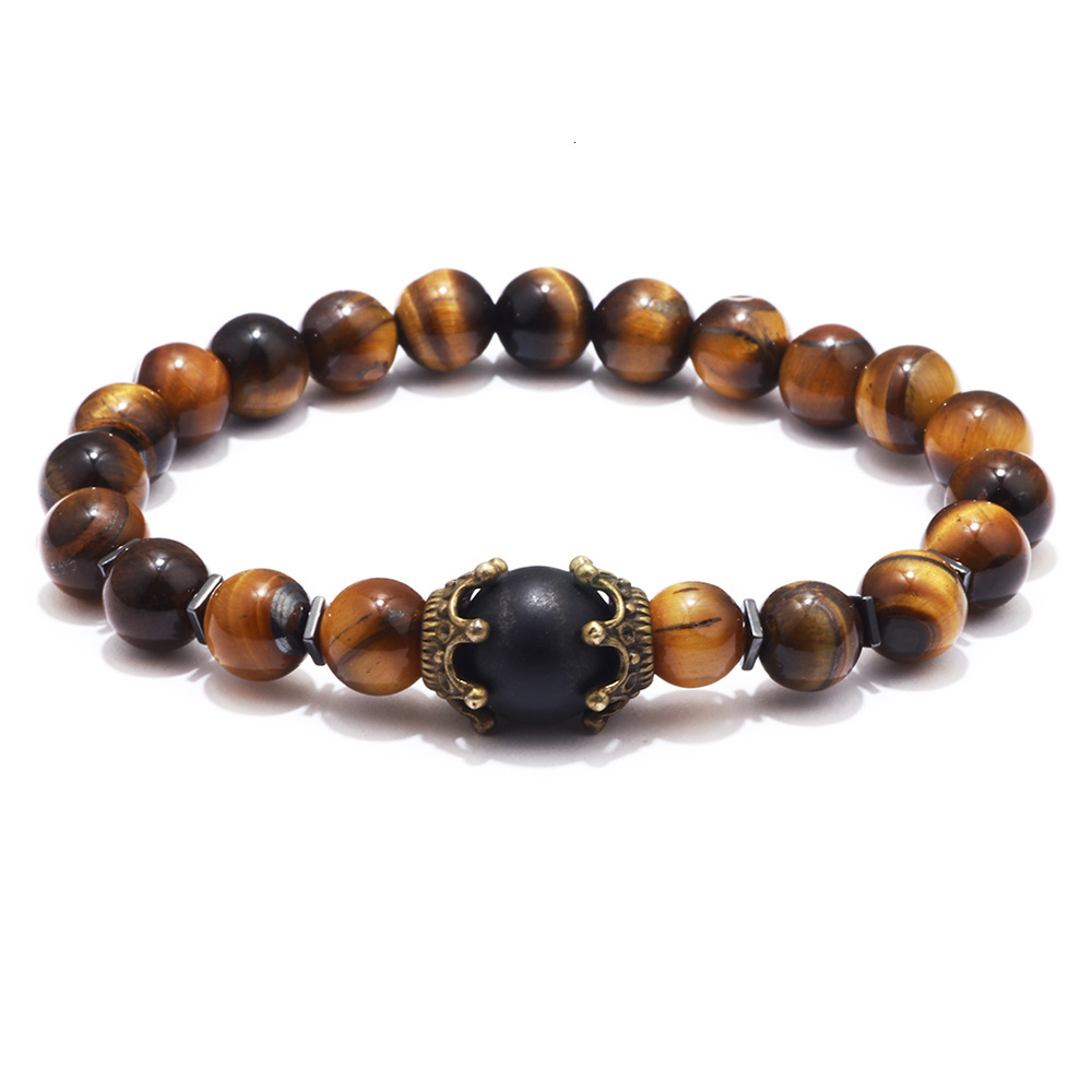 Classic Punk Style Tiger Eye Volcanic Map Stone Men's Crown Elastic Bracelet ddmymoon
