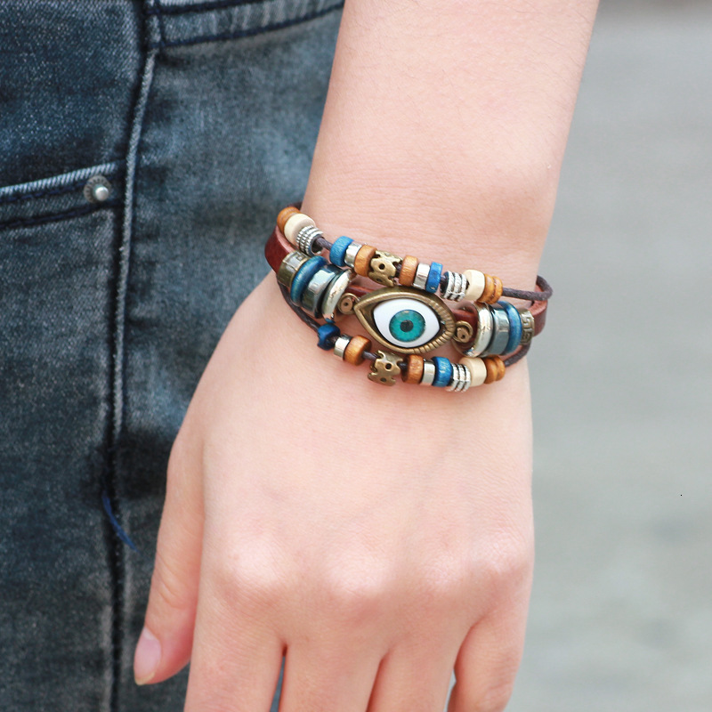 Korean Style Fashion Eye Men's Handmade Cowhide Beaded Jewelry Bracelet ddmymoon