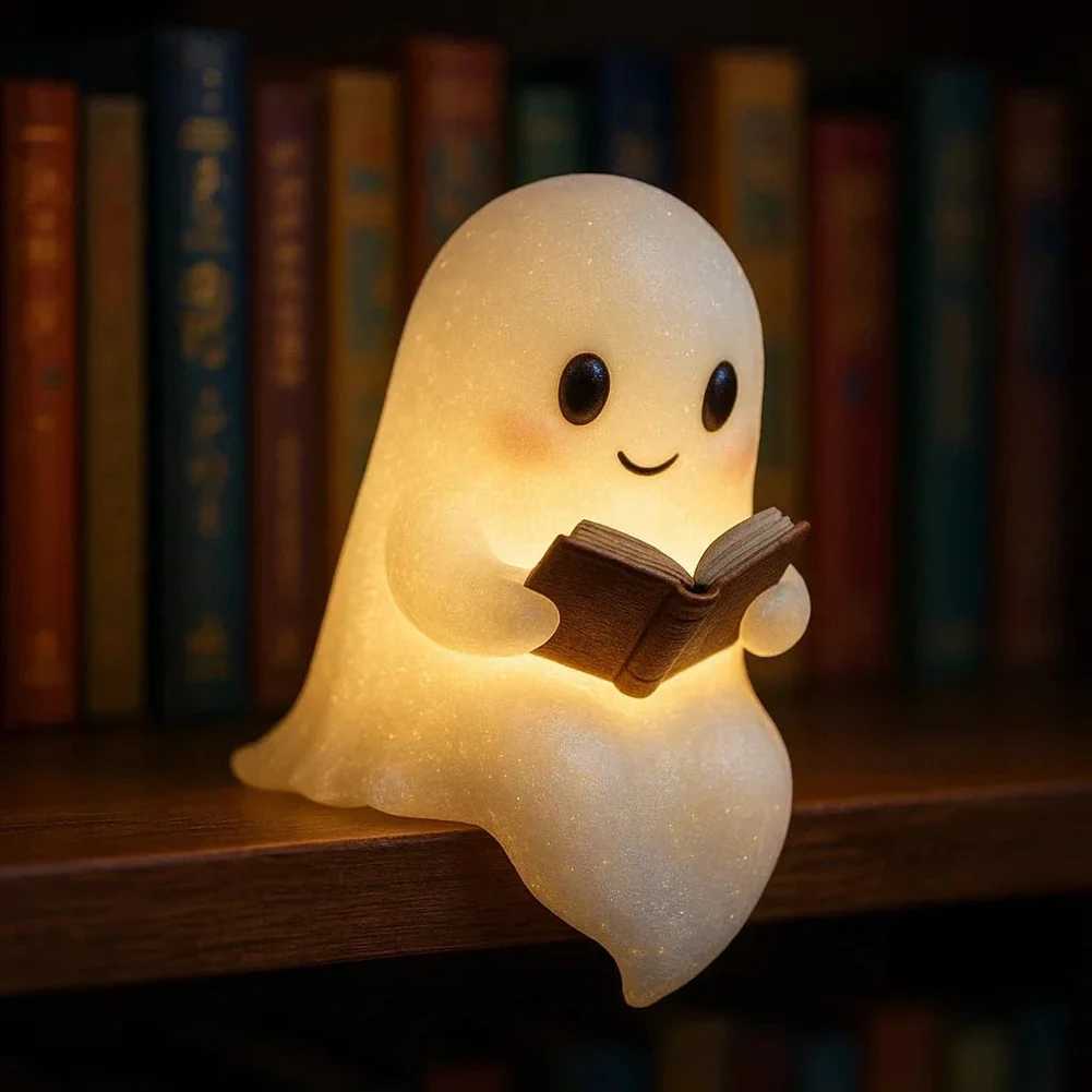 Halloween Cute Ghost Reading Book Lamp 15cm Resin Ghost Reading Night Light LED Night Light Ornament Light Up Halloween Decor C250913