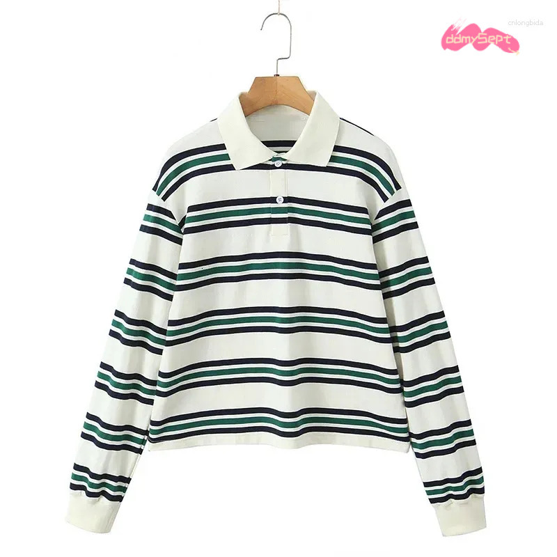 Women's T Shirts Fashion Stripe T-shirt Casual Long Sleeve Female All Match Polo Shirt 2025 Spring Ladies Loose Tops High Street