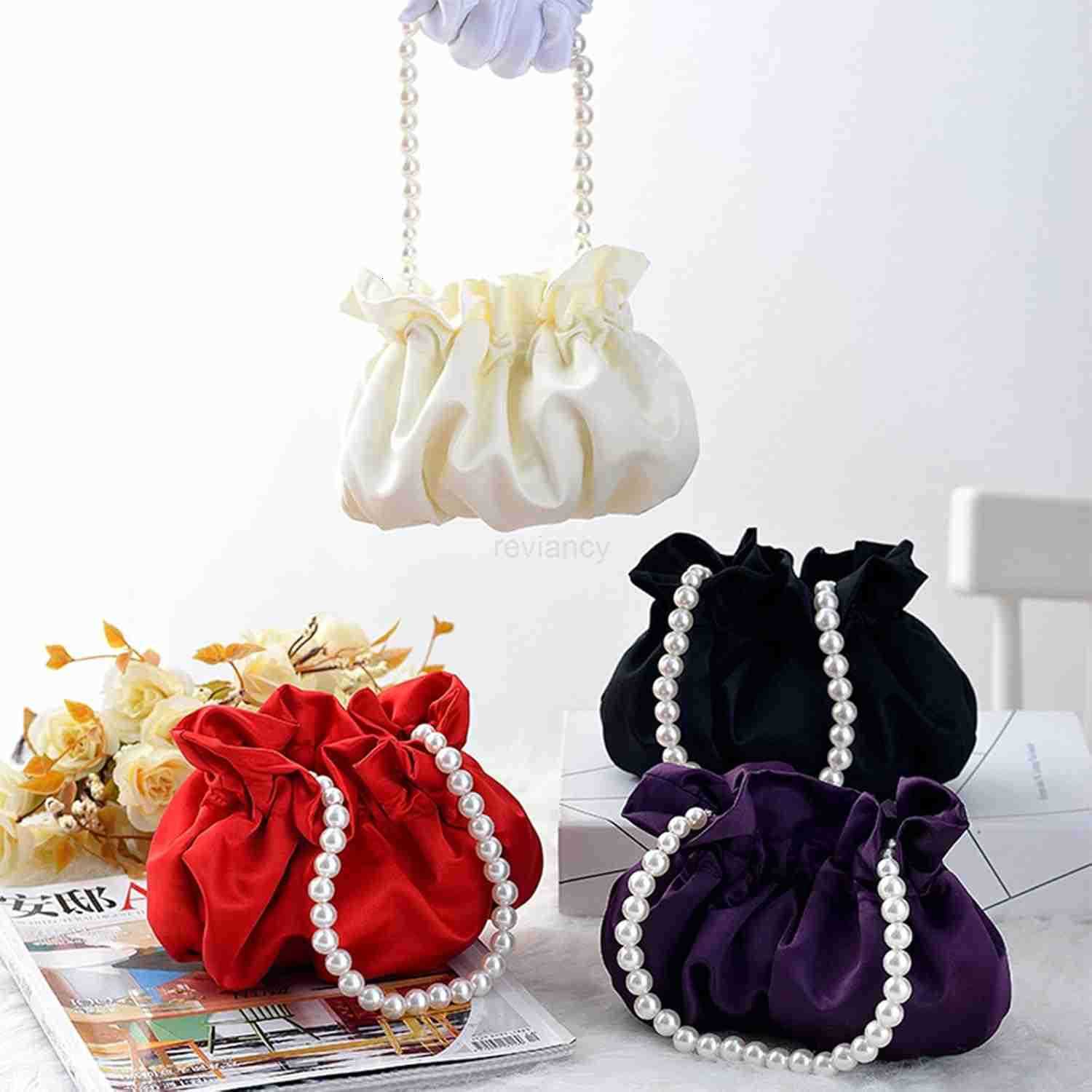 Small Wristlet Purses Mini Bucket Bag Women Hobo Bag with Faux Pearl Chain RedW250913