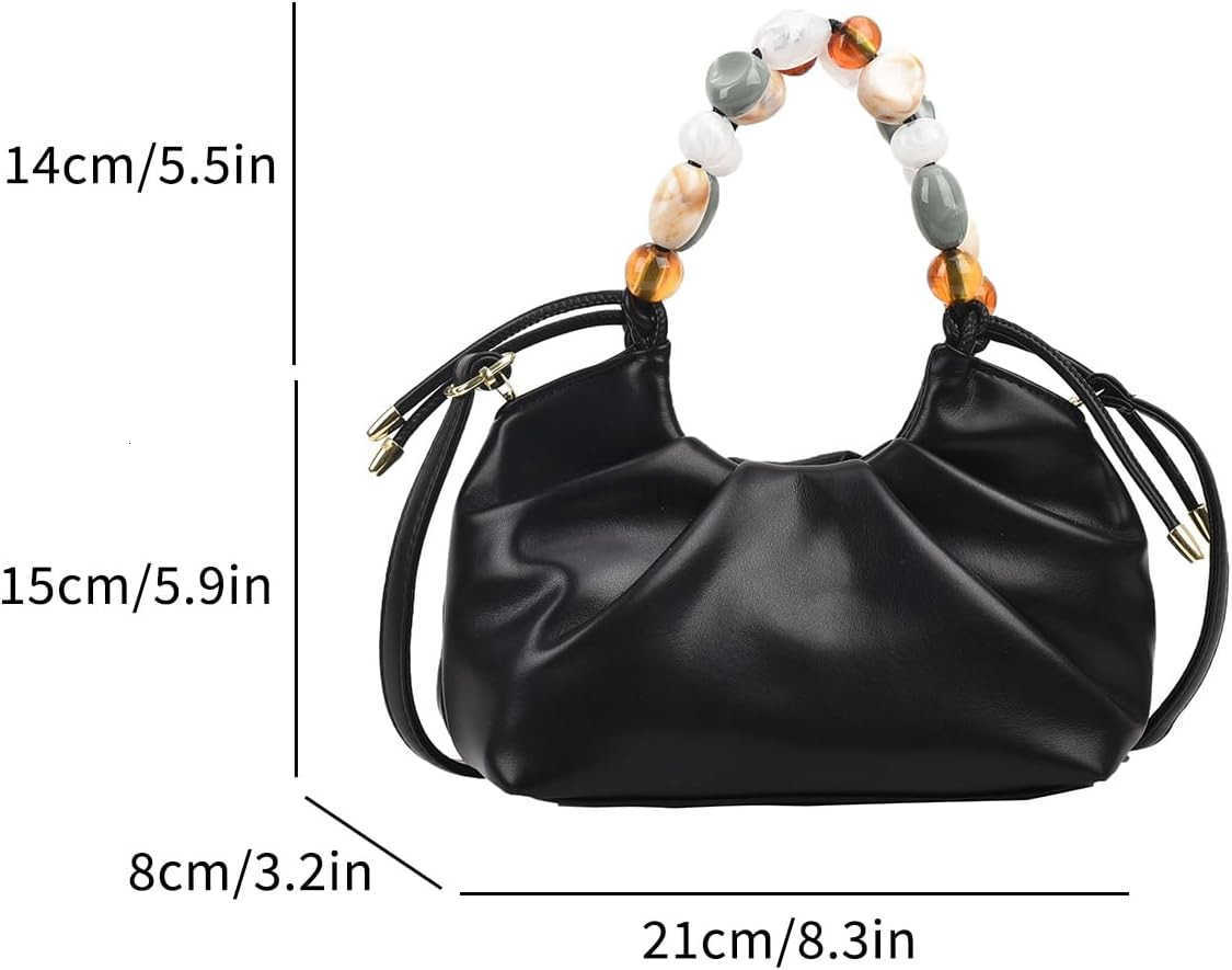 Women Top Handle with Colorful Beads Handbag Classic Soft Vegan Leather with Detachable Shoulder Strap SmallW250913