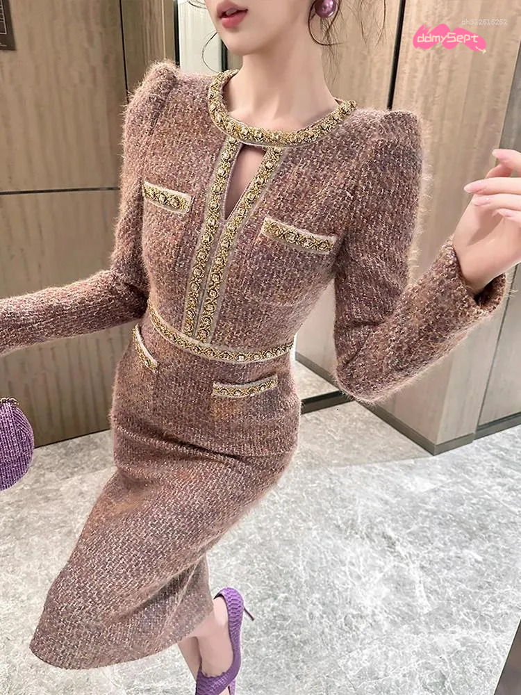 Two Piece Dress Women Clothes Vintage Tweed Hollow Sexy O-Neck Slim Midi Pencil Elegant Fashion Evening Party Vestidos Formal Ocn ddmythur