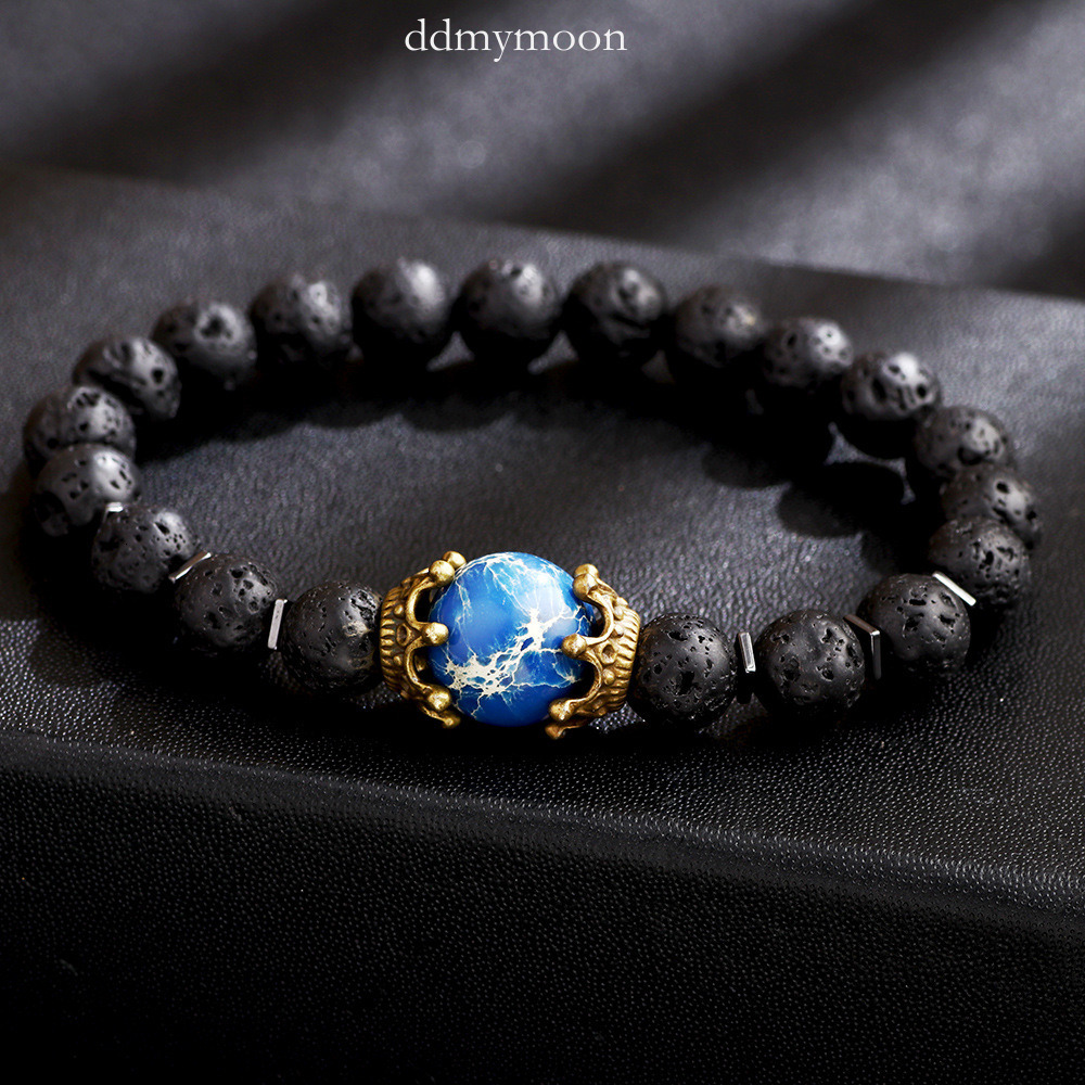 Classic Punk Style Tiger Eye Volcanic Map Stone Men's Crown Elastic Bracelet ddmymoon