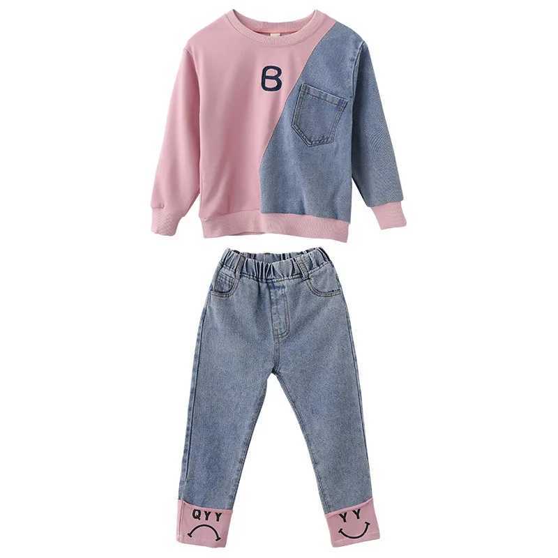 Baby and Girls Cotton Contrast Patchwork Alphabet SweatshirtDenim Pant Workout Set School Kids Tracksuit Child Outfit 314 Yrs C250913