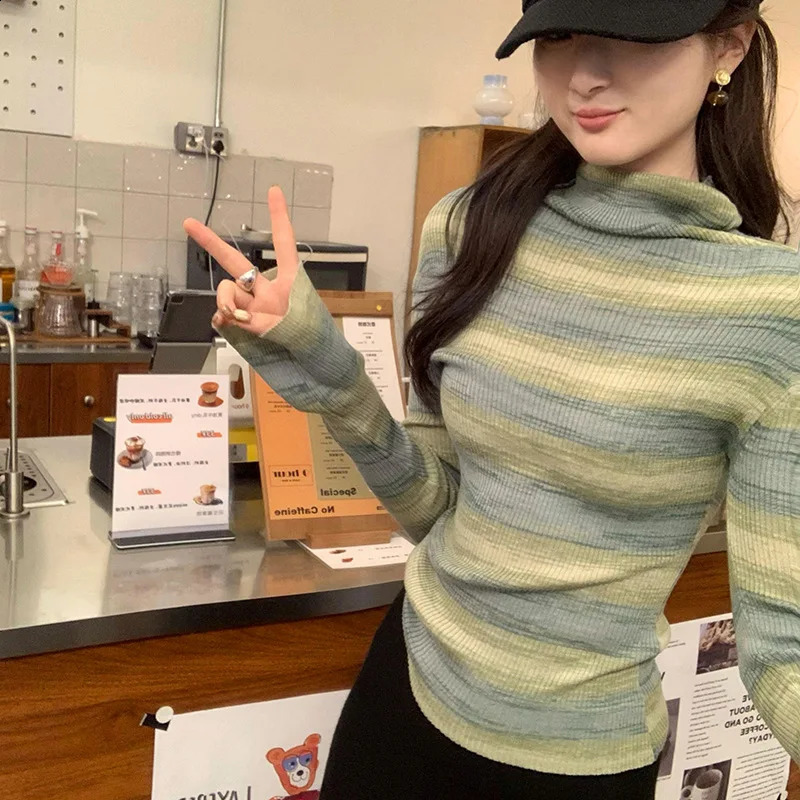 Colorful Striped One Shoulder Knit Sweater With Wool Inside Womens Slim Fit And Slimming Base Shirt Top 250912