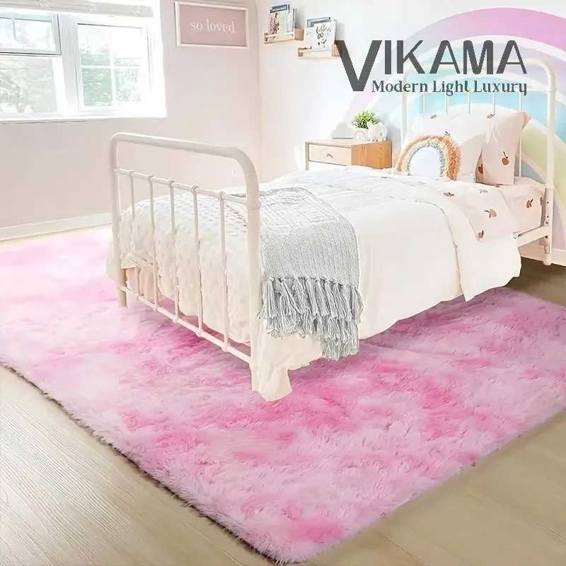 VIKAMA Pink cute girls bedroom headboard decorated with plush carpet Fluffy soft cloakroom bedside play area nonslip mat C250913