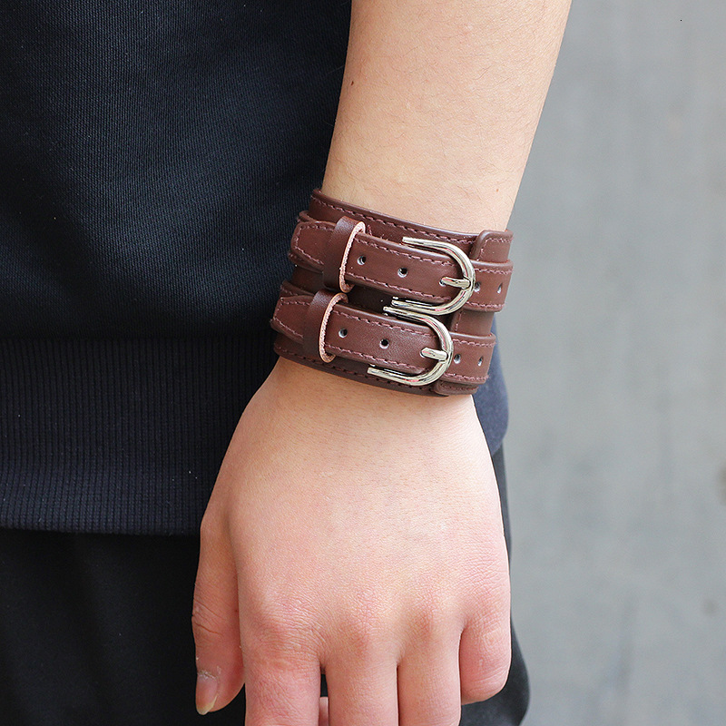 Style Double Row Buckle Top Layer Cowhide Wide Leather Bracelet Hot Sale ddmymoon