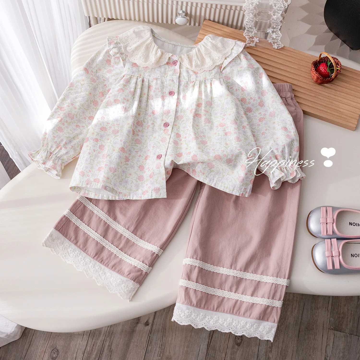 Children Girls 2piece Set Autumn Ruffled Collar Long Sleeve Floral Print Kids Girl Top Elastic Waist Lace Trim Toddler Girl Pant C250913