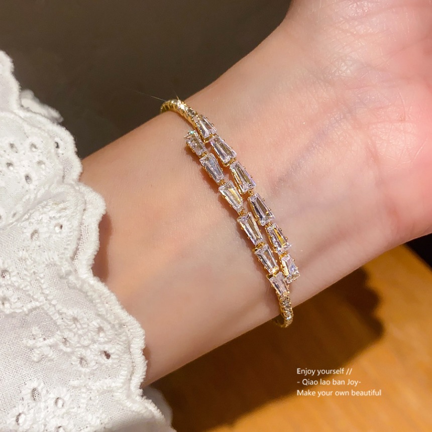 Gold Toned Bangle With Baguette Cut Clear Crystals, Double Layered Sparkly Pave Design Delicate Daily Glamorous Jewelry Gift For Her High - Quality An