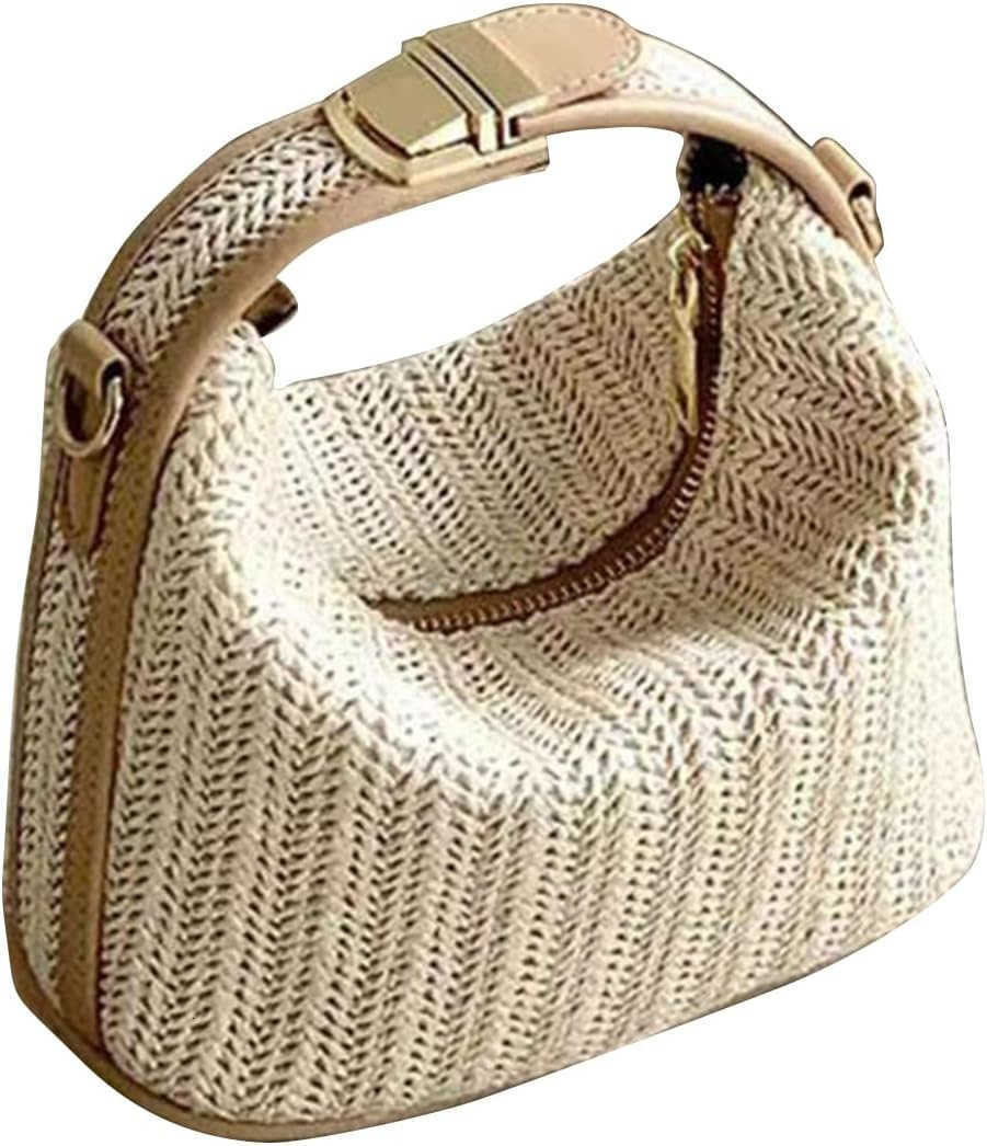 Womens Straw Clutch Purses Handmade Woven Top Handle Bag Zipper Crossbody BagsW250913