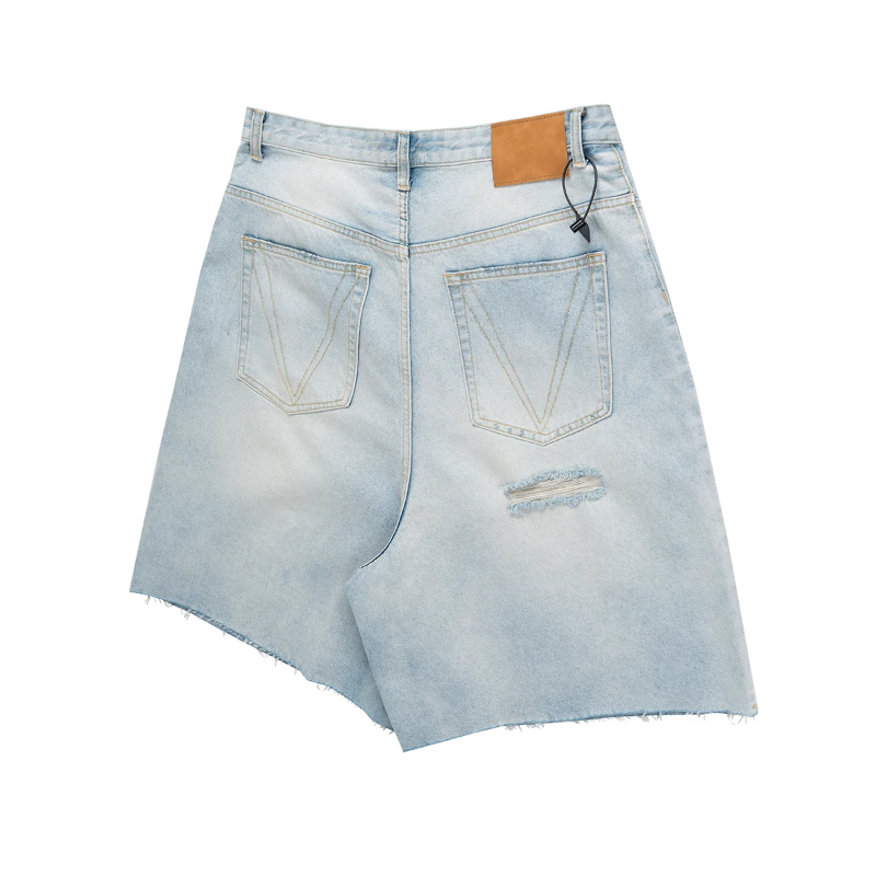 Vintage Summer Light blue Washed Hole Baggy Denim Shortsfor Men and Women Wide Leg Casual Jeans Oversized Ripped Overknee Pants