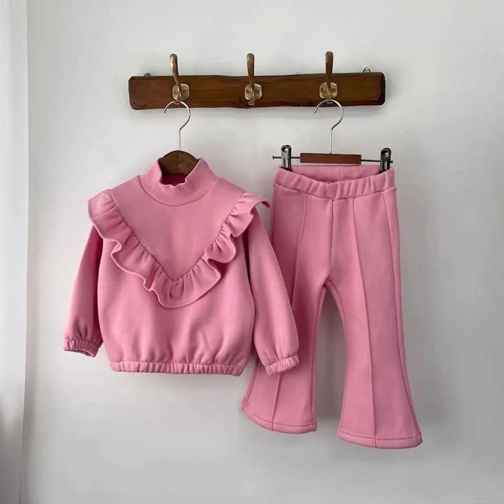 Winter Girl Children Fashion Solid Flounce Turtleneck Thick Tops Boot Cut 2pcs Baby Cotton Casual Sweatshirt Set Kid Outfits C250913