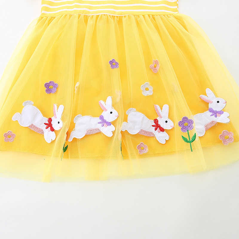 Girl's Dresses 25 Summer Girls Dress fashion Bunny Embroidered Mesh Princess Dress Wind Stripe Stitching Short Sleeve Children's Dress