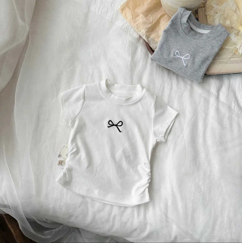 Girls Short Sleeve Slim Fit Cotton T-shirt Embroidered Bow Sweet Princess Style Top Shangqiu Children's Clothing