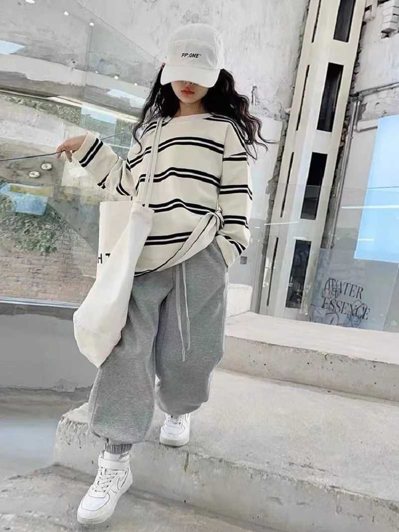 Spring Autumn Girls Cotton Contrast Striped Workout SweatshirtSweatpant Sets School Kids Tracksuit Child Jogging Outfit 516Yrs C250913