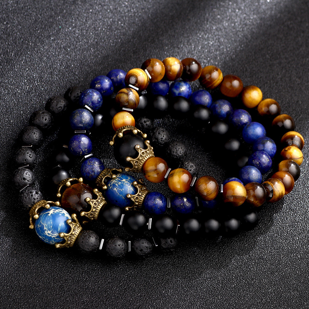 Classic Punk Style Tiger Eye Volcanic Map Stone Men's Crown Elastic Bracelet ddmymoon