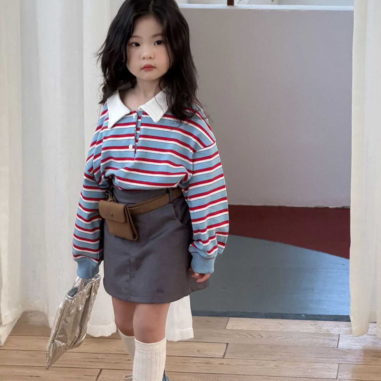 Girls Suit 2025 Autumn New Childrens Clothing Korean Style Girl Baby Print Stripe Retro Stripe Hoodie Bag Hip Skirt Two Sets C250913
