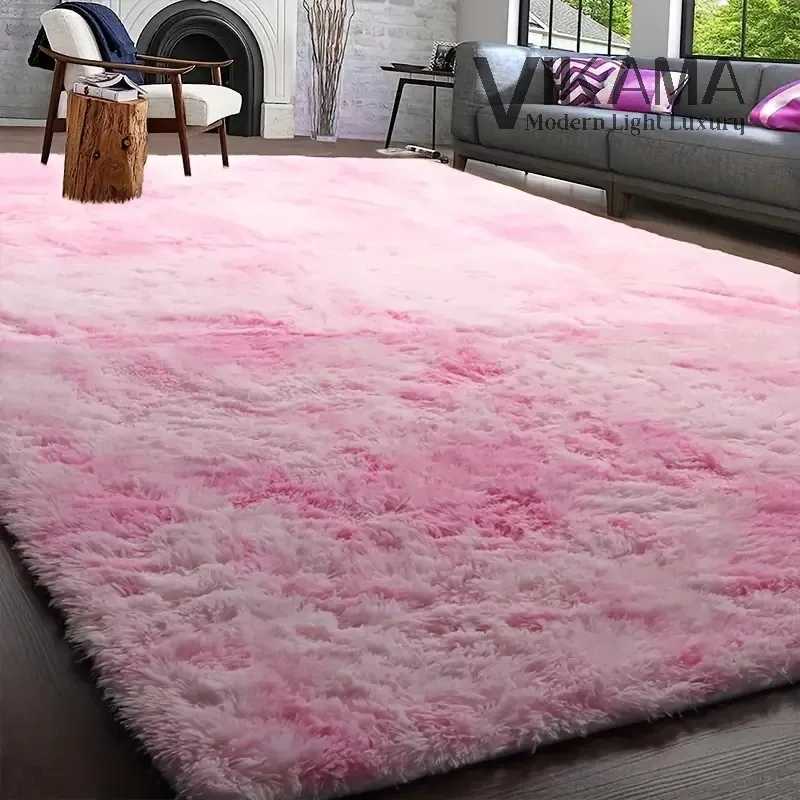 VIKAMA Pink cute girls bedroom headboard decorated with plush carpet Fluffy soft cloakroom bedside play area nonslip mat C250913