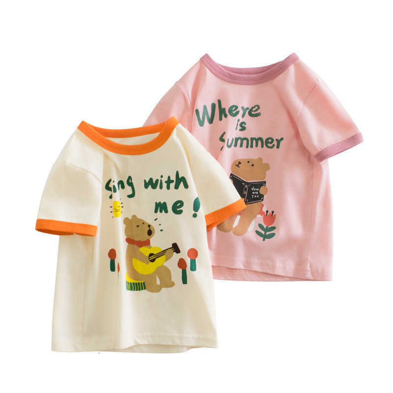 Girls' Short Sleeve T-Shirt Summer 2024 New Style Casual Trendy Bear Children's Half Sleeve