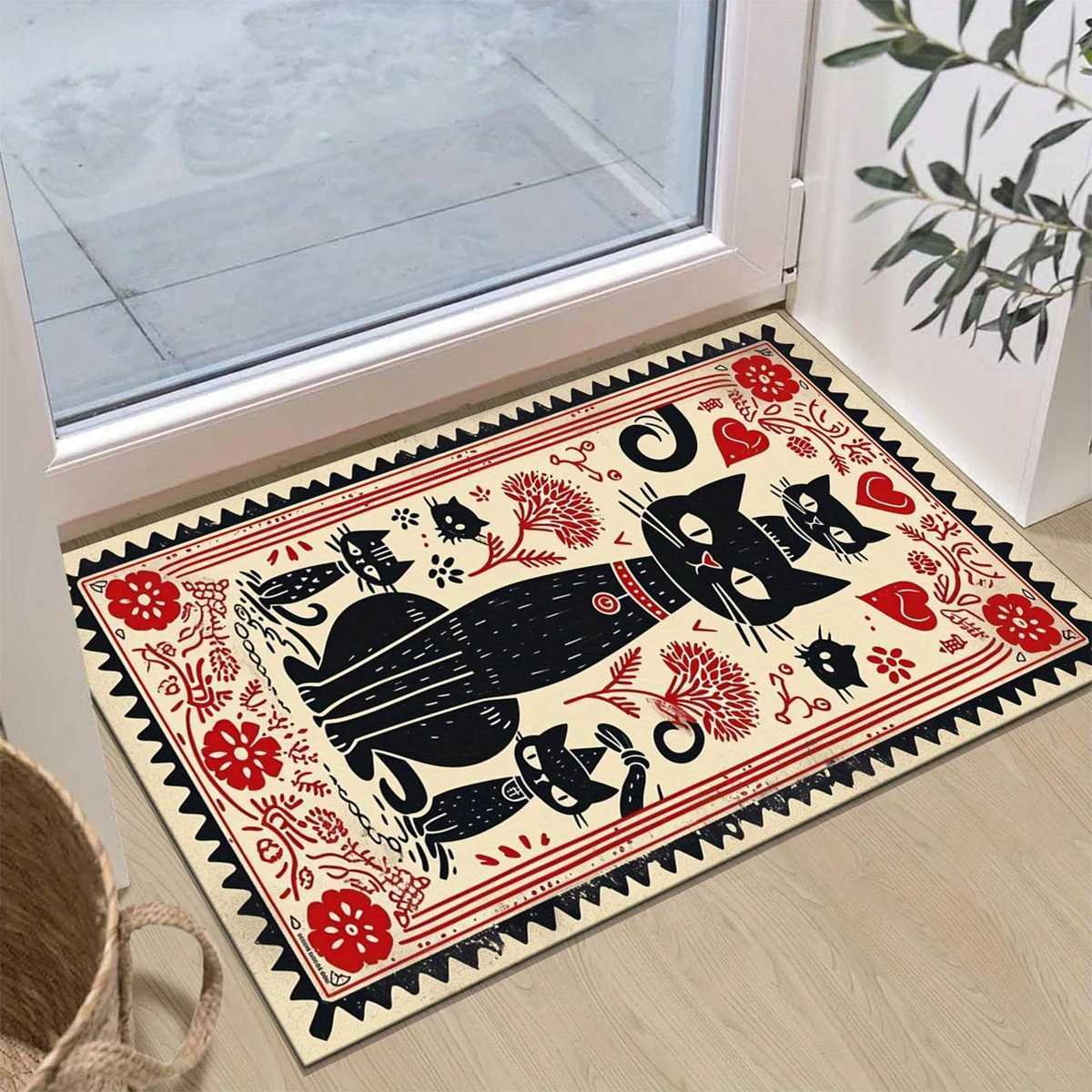 Large Black Cat Pattern Area Rug NonSlip Washable Polyester Carpet with Vibrant Red White Accents for Bedroom Study Dini C250913