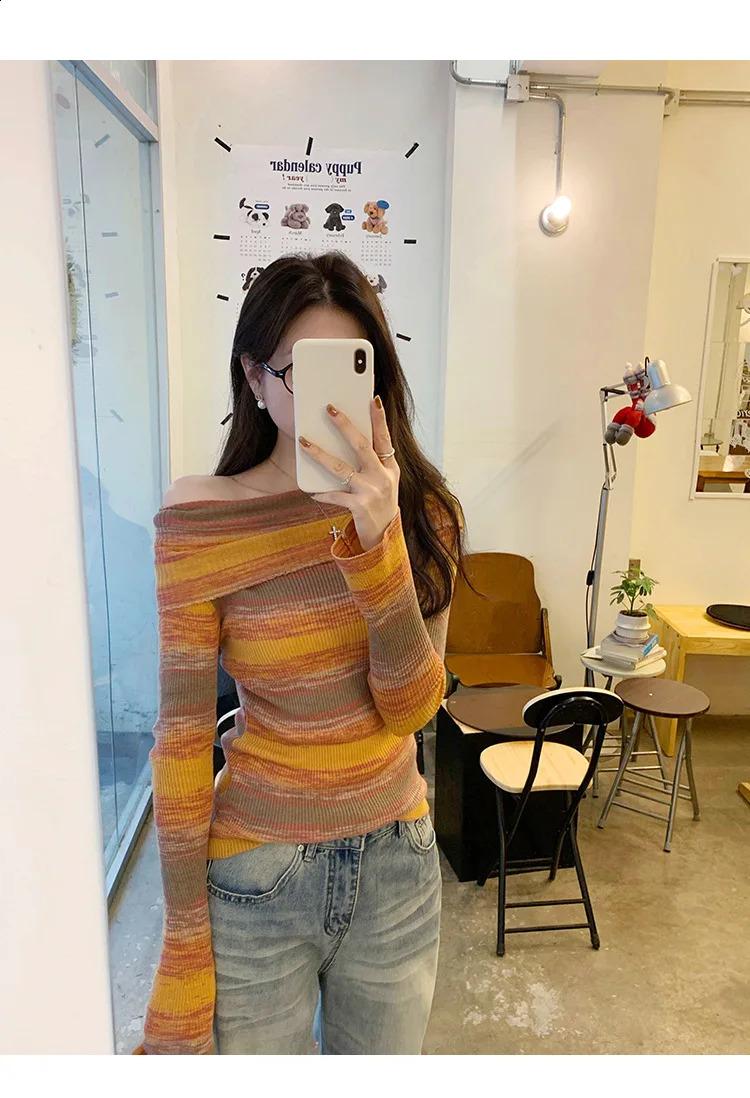 Colorful Striped One Shoulder Knit Sweater With Wool Inside Womens Slim Fit And Slimming Base Shirt Top 250912
