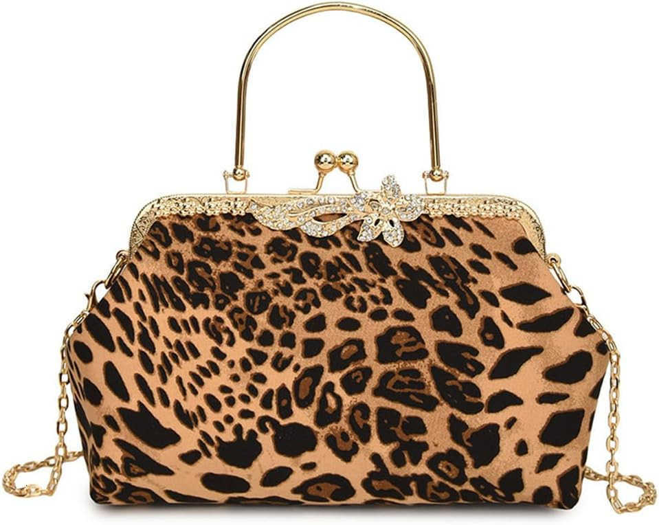 Evening Clutch Purse with Chain Cheetah Print Kiss Lock Evening Handbag and Purse Party Prom Evening Tote BagsW250913