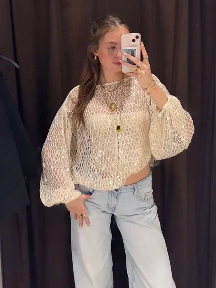 Summer Round Neck Sequin Knitting Blouse Chic Women's Knitted Long Sleeve Pullover Female Crocheted Vacation Tops High Street dongdumaoyi
