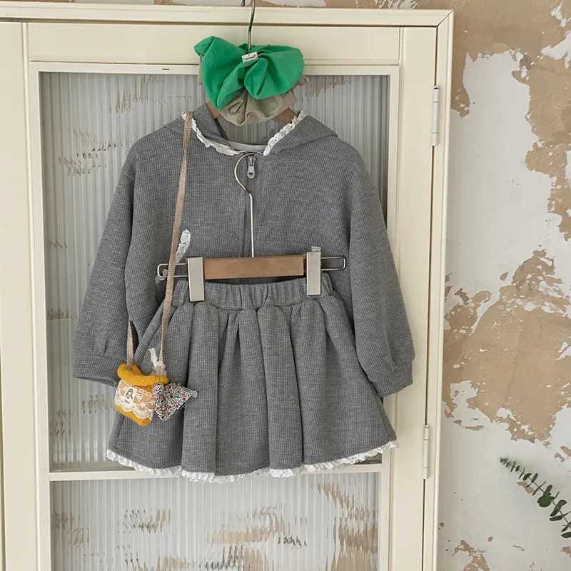 Girls Korean Version Sweet Set 2025 Spring New Lace Hooded Zipper Sweatshirt Jacket Lace Skirt Trend C250913