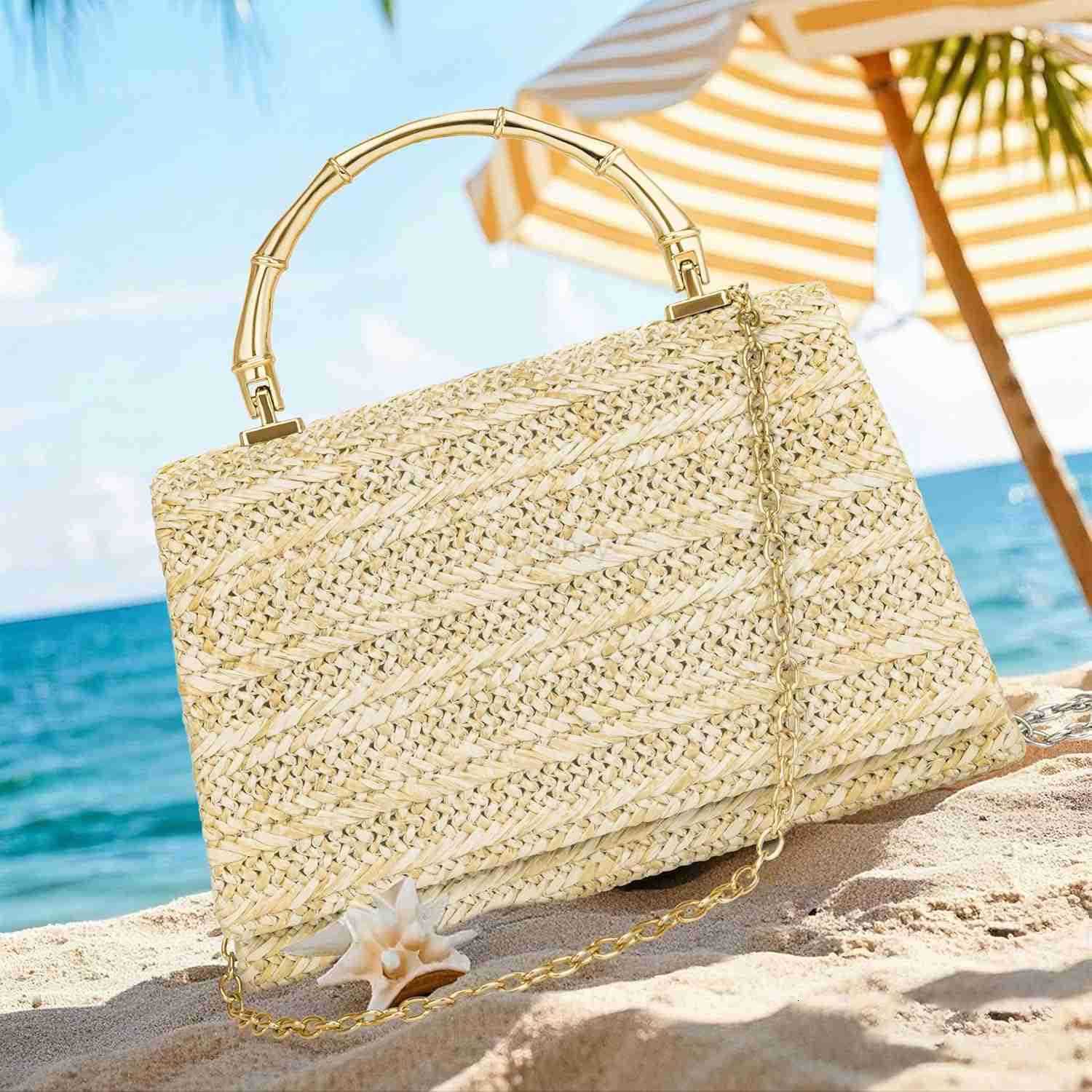 Straw Purses for Women Summer Woven TopHandle Evening Handbags wBamboo Handle Chain Strap Small Boho Beach Clutch Crossbody Party Bags for Wedding Coc