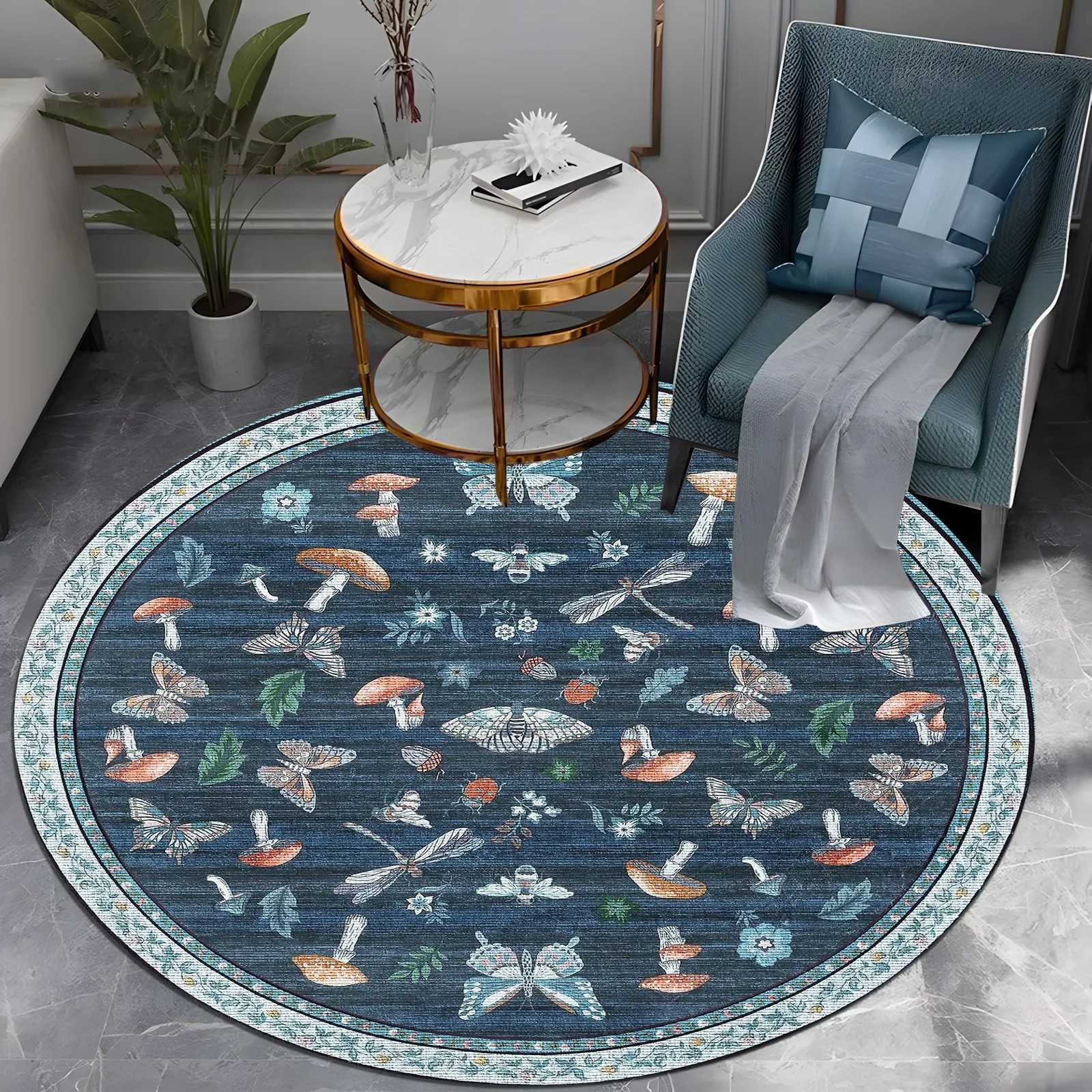 Round Blue Mushroom Butterfly Area Rug NonSlip Soft Carpet for Living RoomBedroom NatureThemed Home Decor Gift C250913