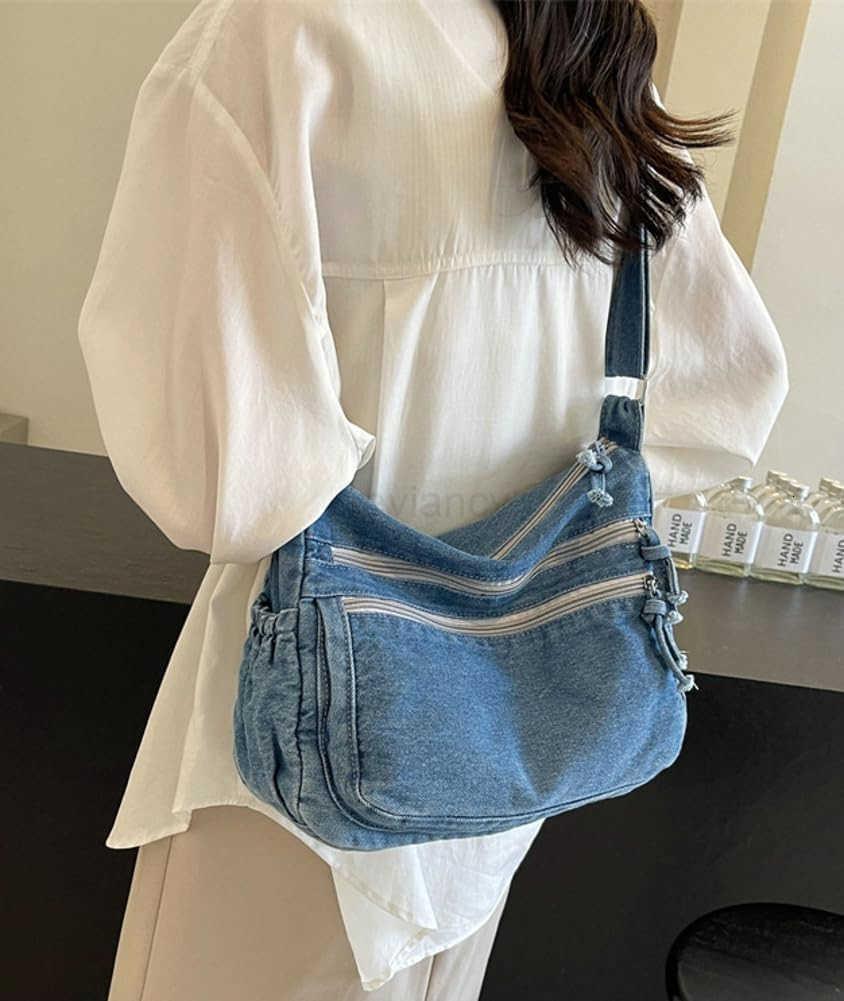 Womens Retro Large Canvas Denim Shoulder Bag Denim Crossbody Handbags Casual Style Lightweight Tote PurseW250913