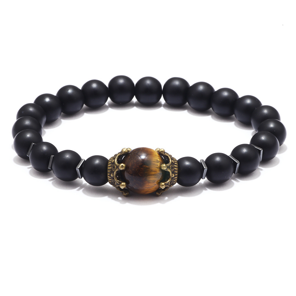 Classic Punk Style Tiger Eye Volcanic Map Stone Men's Crown Elastic Bracelet ddmymoon