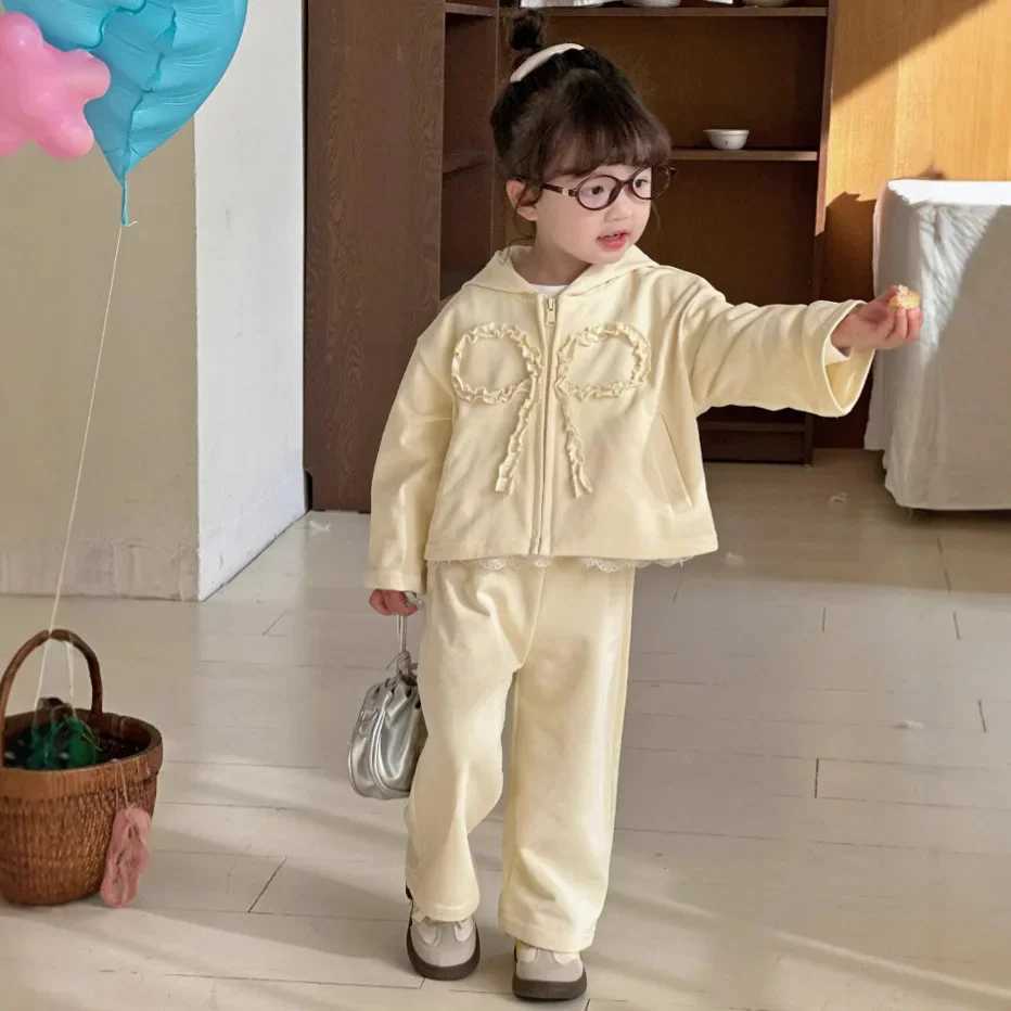 Girls Sweatshirt Set Spring New 2025 Bow Korean Fashion Cute Solid Color Coat Pants Two Piece Set Girls Clothes C250913