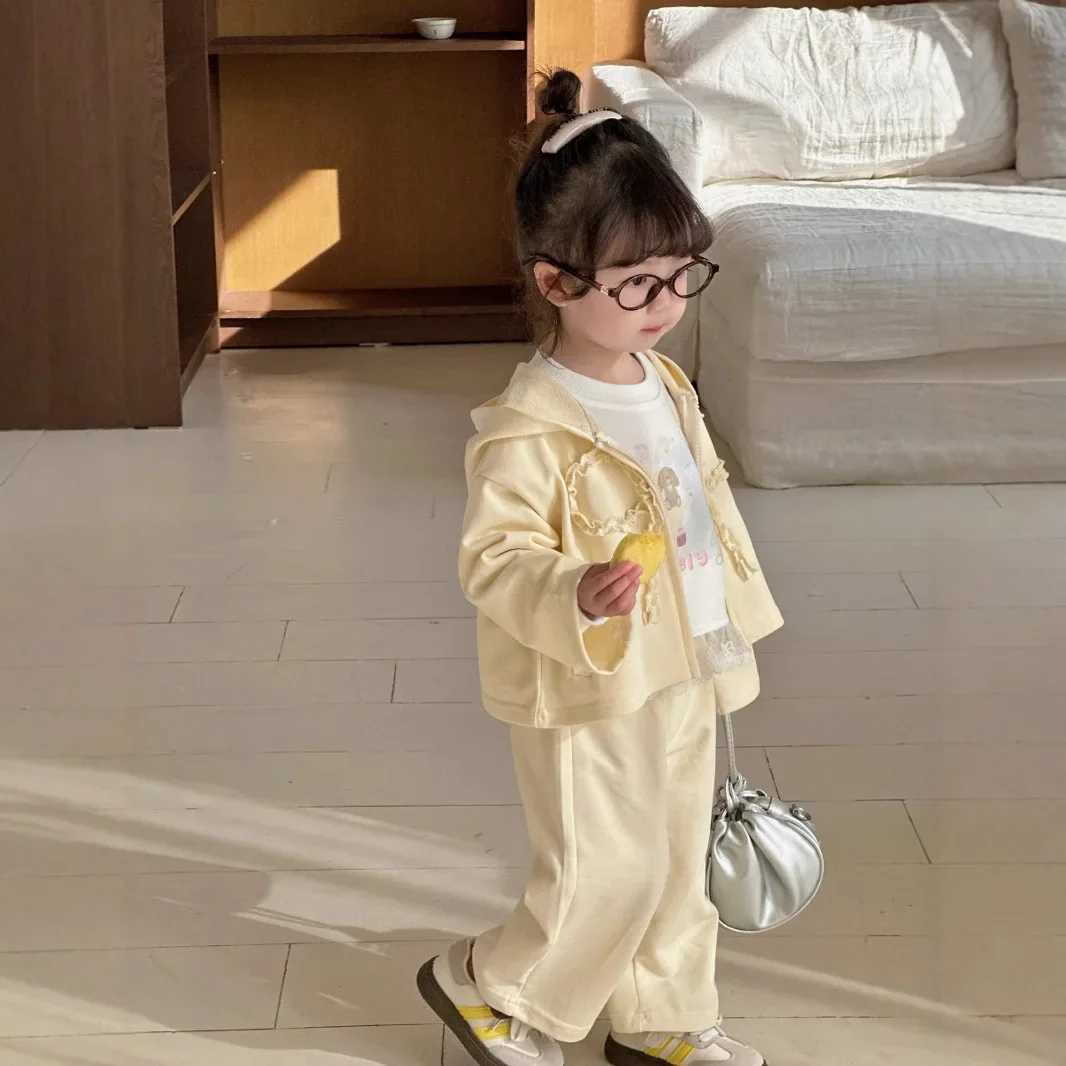 Girls Sweatshirt Set Spring New 2025 Bow Korean Fashion Cute Solid Color Coat Pants Two Piece Set Girls Clothes C250913