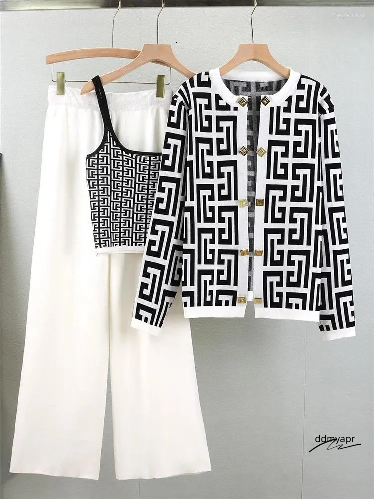 Women's Tracksuits Spring Knitted Three Pieces Sets 2025 Slim Short Tank Top Long Sleeves Cardigan Elastic Wide Leg Pants Fashion Sweater ddmyapr