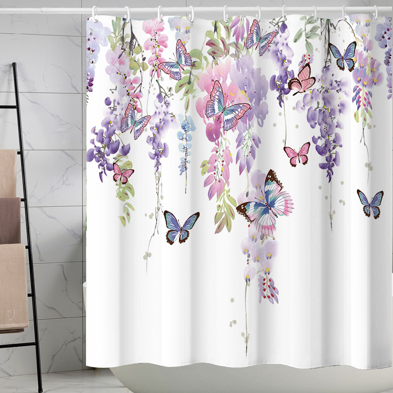 YL-37237 digital shower curtain cross-border plant flower waterproof polyester bathroom four-piece set dry and wet separation moisture-proof
