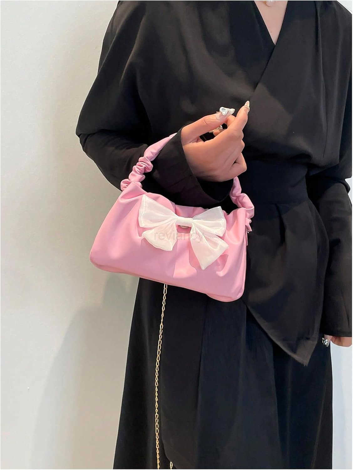 Womens Bow Ruched Strap Handbag Elegant Top Handle Chain Crossbody BagW250913