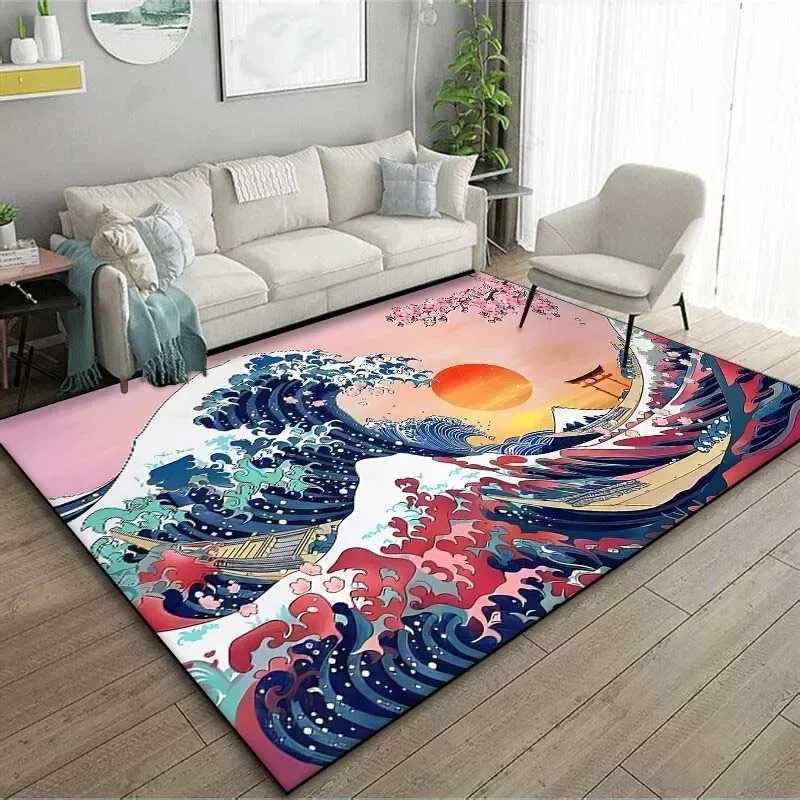 Japanese Art Kanagawa Waves Carpet for Living Room Home Decor Large Area Rug Bedroom Floor Rug Nonslip Easy Washable Mat C250913
